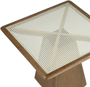Meridian Furniture Atrium Square Glass and Cane Dining Game Table with Solid Wood Base for Modern Rooms Brown 88071Brown-DT36