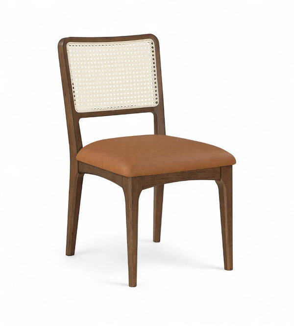 Meridian Furniture Atrium Art Deco Dining Chair with Cane Back Vegan Leather Seat and Walnut Wood Frame Cognac Set of 2 88071Cognac-C