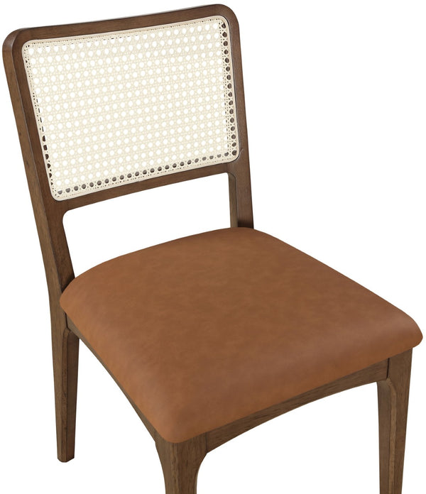 Meridian Furniture Atrium Art Deco Dining Chair with Cane Back Vegan Leather Seat and Walnut Wood Frame Cognac Set of 2 88071Cognac-C