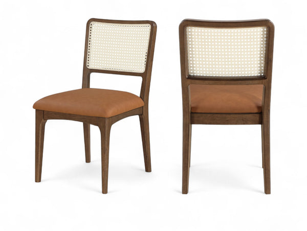 Meridian Furniture Atrium Art Deco Dining Chair with Cane Back Vegan Leather Seat and Walnut Wood Frame Cognac Set of 2 88071Cognac-C
