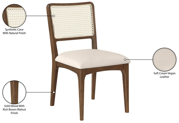 Meridian Furniture Atrium Art Deco Dining Chair with Cane Back Vegan Leather Seat and Walnut Wood Frame Cream Set of 2 88071Cream-C