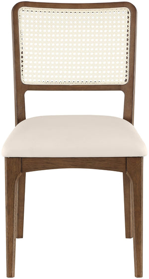 Meridian Furniture Atrium Art Deco Dining Chair with Cane Back Vegan Leather Seat and Walnut Wood Frame Cream Set of 2 88071Cream-C