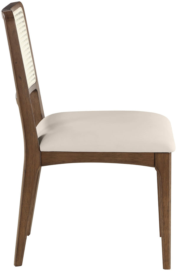 Meridian Furniture Atrium Art Deco Dining Chair with Cane Back Vegan Leather Seat and Walnut Wood Frame Cream Set of 2 88071Cream-C