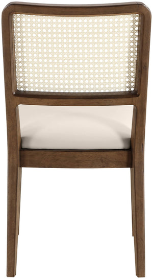 Meridian Furniture Atrium Art Deco Dining Chair with Cane Back Vegan Leather Seat and Walnut Wood Frame Cream Set of 2 88071Cream-C