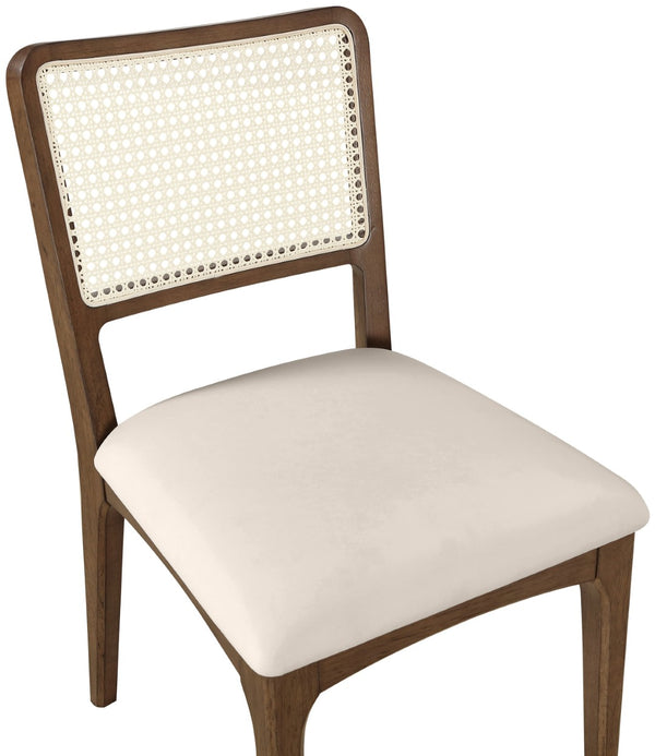 Meridian Furniture Atrium Art Deco Dining Chair with Cane Back Vegan Leather Seat and Walnut Wood Frame Cream Set of 2 88071Cream-C