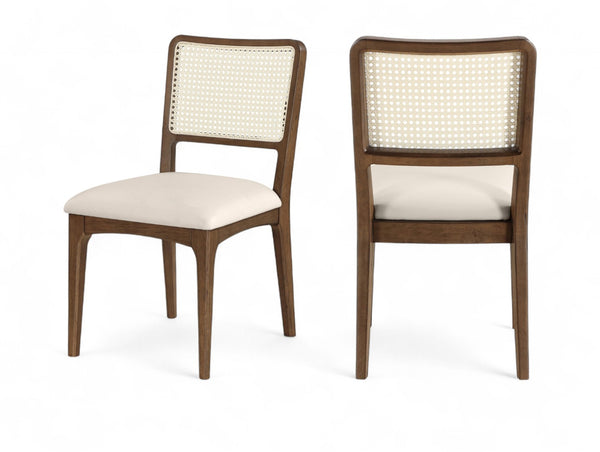 Meridian Furniture Atrium Art Deco Dining Chair with Cane Back Vegan Leather Seat and Walnut Wood Frame Cream Set of 2 88071Cream-C