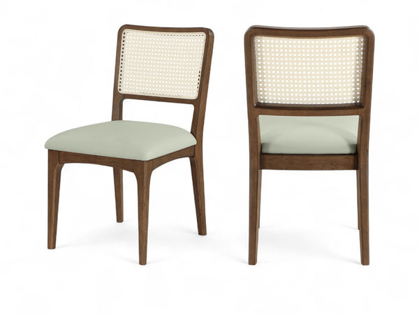 Meridian Furniture Atrium Art Deco Dining Chair with Cane Back Vegan Leather Seat and Walnut Wood Frame Mint Set of 2 88071Mint-C
