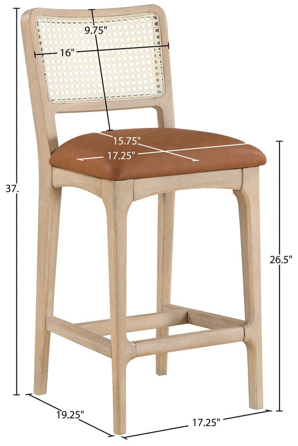 Meridian Furniture Atrium Art Deco Cane Back Counter Stool with Vegan Leather Seat and Wood Frame Cognac Set of 1 88072Cognac-C