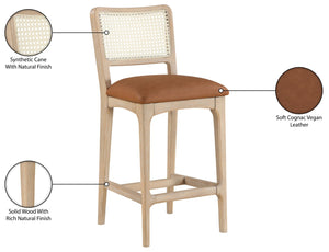 Meridian Furniture Atrium Art Deco Cane Back Counter Stool with Vegan Leather Seat and Wood Frame Cognac Set of 1 88072Cognac-C
