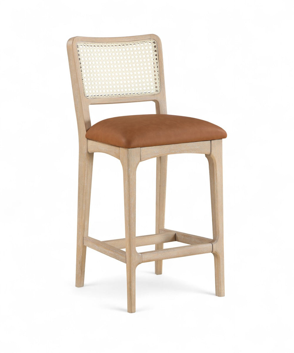 Meridian Furniture Atrium Art Deco Cane Back Counter Stool with Vegan Leather Seat and Wood Frame Cognac Set of 1 88072Cognac-C