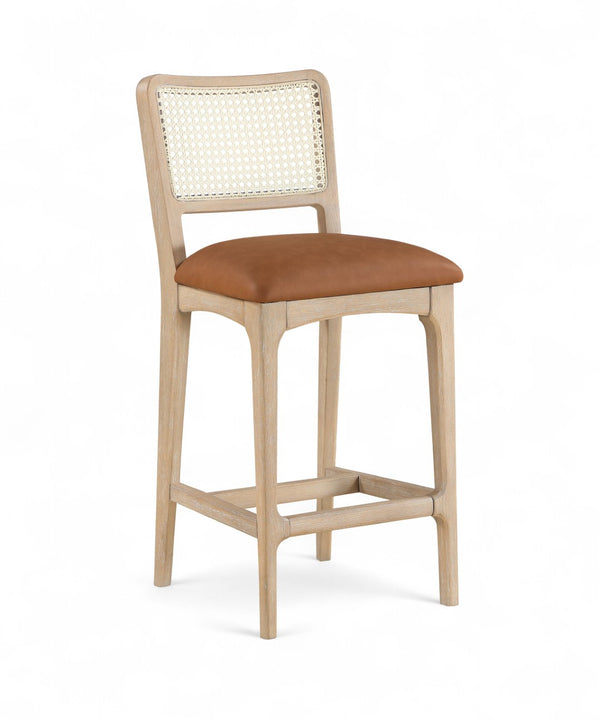 Meridian Furniture Atrium Art Deco Cane Back Counter Stool with Vegan Leather Seat and Wood Frame Cognac Set of 1 88072Cognac-C