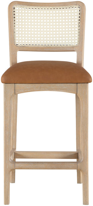 Meridian Furniture Atrium Art Deco Cane Back Counter Stool with Vegan Leather Seat and Wood Frame Cognac Set of 1 88072Cognac-C