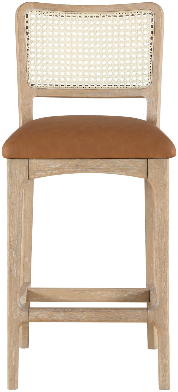 Meridian Furniture Atrium Art Deco Cane Back Counter Stool with Vegan Leather Seat and Wood Frame Cognac Set of 1 88072Cognac-C