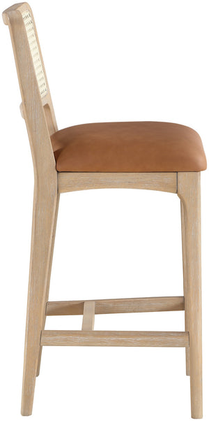 Meridian Furniture Atrium Art Deco Cane Back Counter Stool with Vegan Leather Seat and Wood Frame Cognac Set of 1 88072Cognac-C