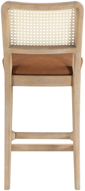Meridian Furniture Atrium Art Deco Cane Back Counter Stool with Vegan Leather Seat and Wood Frame Cognac Set of 1 88072Cognac-C