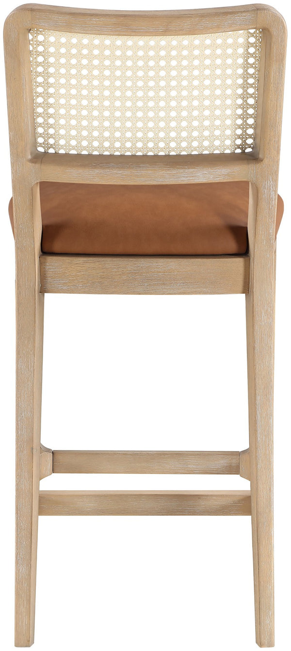 Meridian Furniture Atrium Art Deco Cane Back Counter Stool with Vegan Leather Seat and Wood Frame Cognac Set of 1 88072Cognac-C