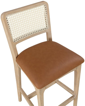 Meridian Furniture Atrium Art Deco Cane Back Counter Stool with Vegan Leather Seat and Wood Frame Cognac Set of 1 88072Cognac-C