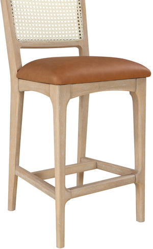 Meridian Furniture Atrium Art Deco Cane Back Counter Stool with Vegan Leather Seat and Wood Frame Cognac Set of 1 88072Cognac-C