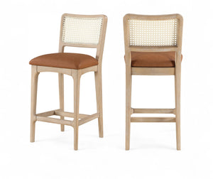 Meridian Furniture Atrium Art Deco Cane Back Counter Stool with Vegan Leather Seat and Wood Frame Cognac Set of 1 88072Cognac-C