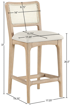 Meridian Furniture Atrium Art Deco Cane Back Counter Stool with Vegan Leather Seat and Wood Frame Cream Set of 1 88072Cream-C