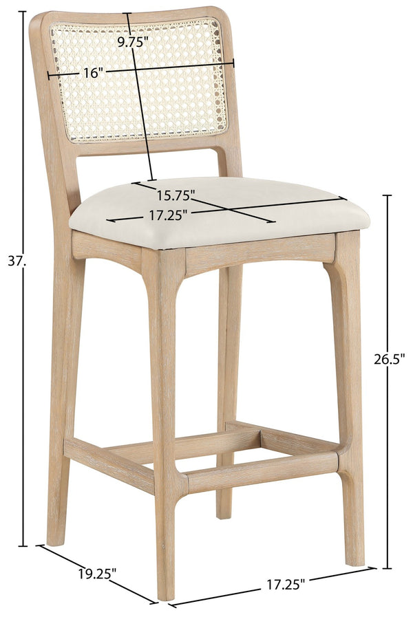 Meridian Furniture Atrium Art Deco Cane Back Counter Stool with Vegan Leather Seat and Wood Frame Cream Set of 1 88072Cream-C