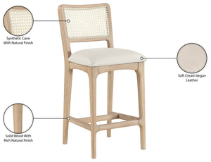Meridian Furniture Atrium Art Deco Cane Back Counter Stool with Vegan Leather Seat and Wood Frame Cream Set of 1 88072Cream-C