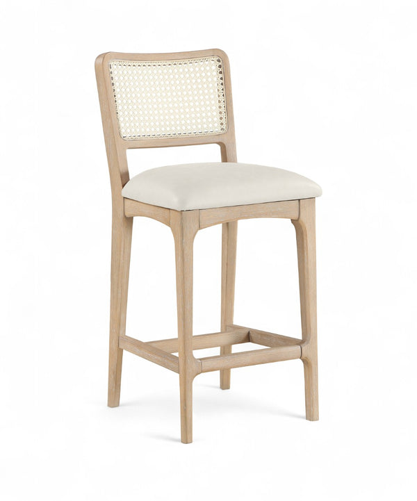 Meridian Furniture Atrium Art Deco Cane Back Counter Stool with Vegan Leather Seat and Wood Frame Cream Set of 1 88072Cream-C