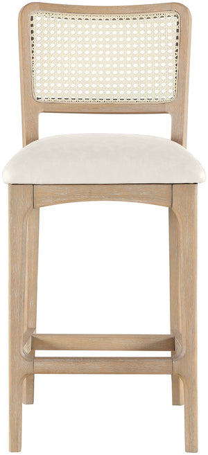 Meridian Furniture Atrium Art Deco Cane Back Counter Stool with Vegan Leather Seat and Wood Frame Cream Set of 1 88072Cream-C