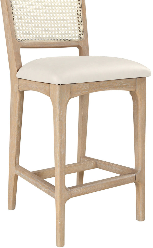Meridian Furniture Atrium Art Deco Cane Back Counter Stool with Vegan Leather Seat and Wood Frame Cream Set of 1 88072Cream-C