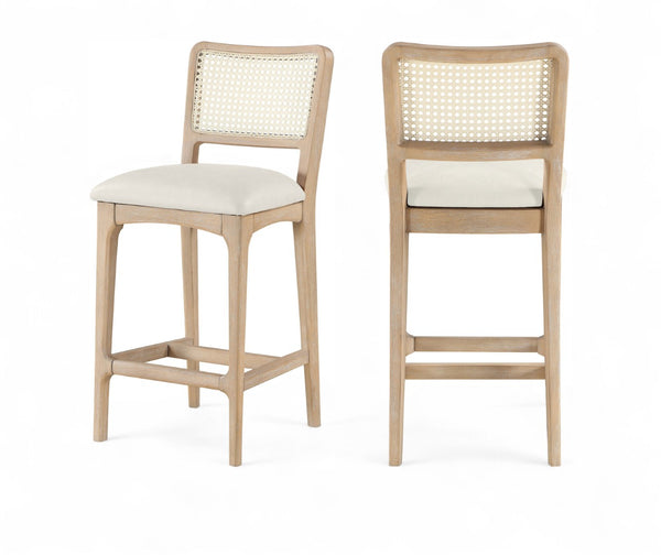 Meridian Furniture Atrium Art Deco Cane Back Counter Stool with Vegan Leather Seat and Wood Frame Cream Set of 1 88072Cream-C