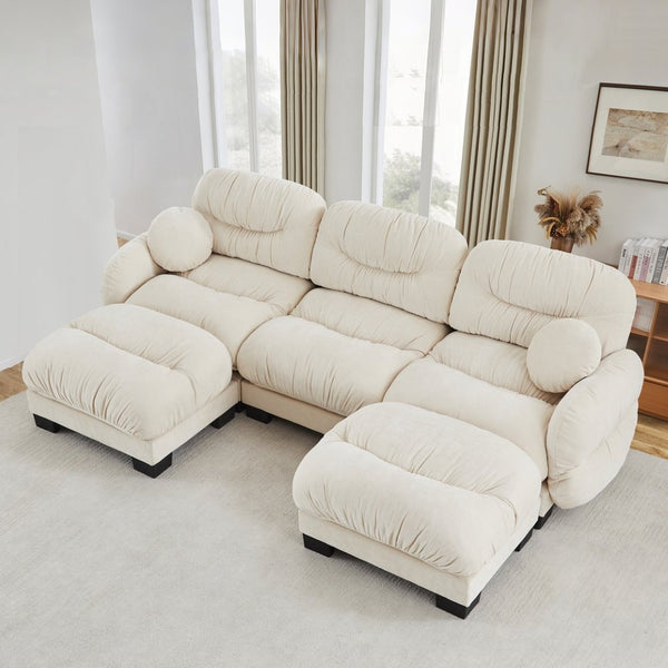 English Elm Pleated Chenille U-shape Sectional Sofa with Ottomans Ergonomic Foam Curved Armrests Beige W5656S00042