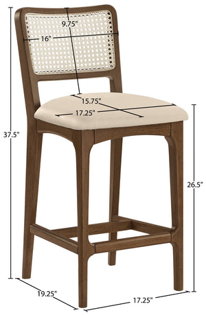 Meridian Furniture Atrium Art Deco Cane Back Counter Stool with Vegan Leather Seat and Wood Frame Beige Set of 2 88073Beige-C