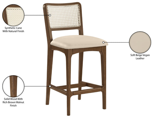 Meridian Furniture Atrium Art Deco Cane Back Counter Stool with Vegan Leather Seat and Wood Frame Beige Set of 2 88073Beige-C