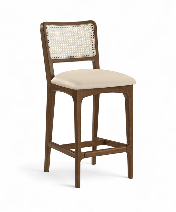 Meridian Furniture Atrium Art Deco Cane Back Counter Stool with Vegan Leather Seat and Wood Frame Beige Set of 2 88073Beige-C