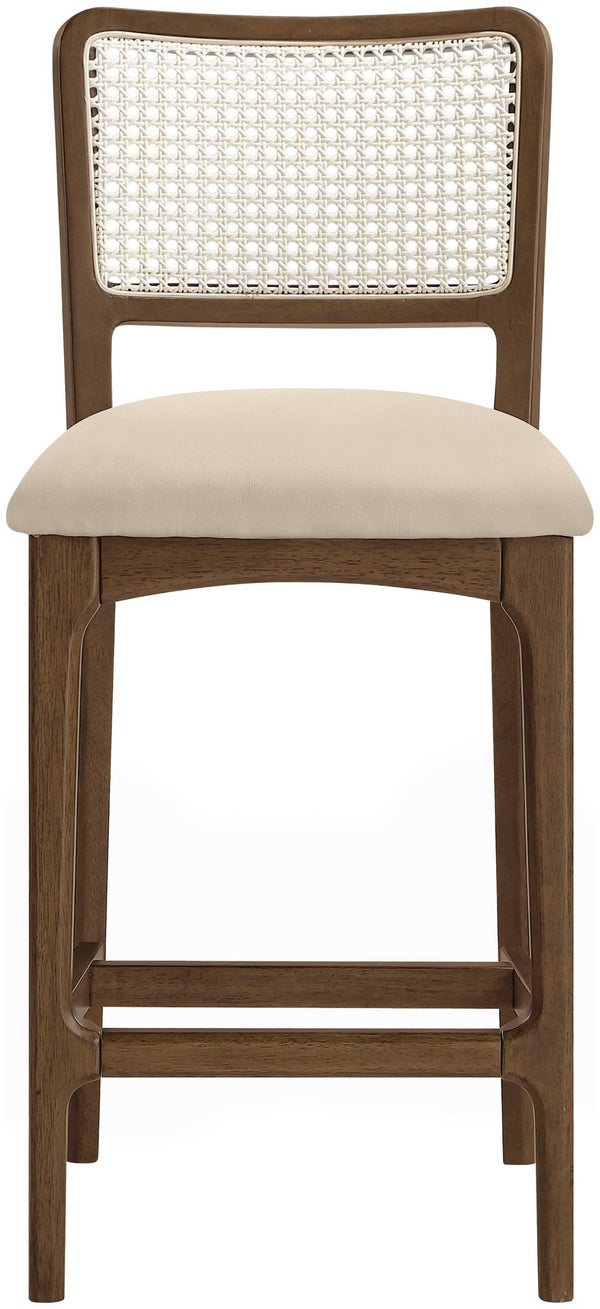 Meridian Furniture Atrium Art Deco Cane Back Counter Stool with Vegan Leather Seat and Wood Frame Beige Set of 2 88073Beige-C