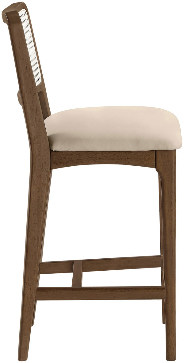 Meridian Furniture Atrium Art Deco Cane Back Counter Stool with Vegan Leather Seat and Wood Frame Beige Set of 2 88073Beige-C