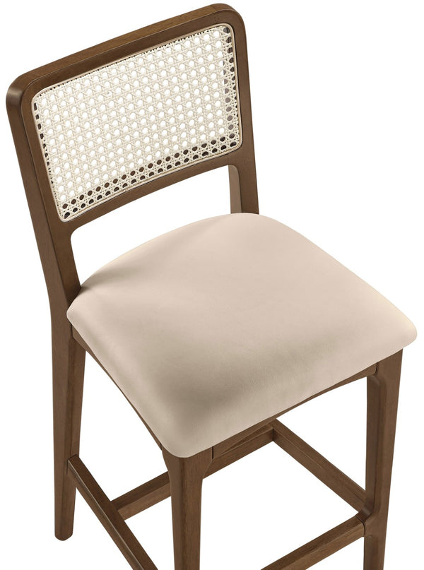 Meridian Furniture Atrium Art Deco Cane Back Counter Stool with Vegan Leather Seat and Wood Frame Beige Set of 2 88073Beige-C