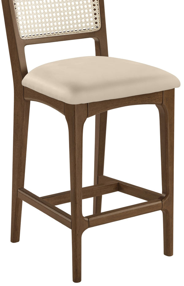 Meridian Furniture Atrium Art Deco Cane Back Counter Stool with Vegan Leather Seat and Wood Frame Beige Set of 2 88073Beige-C
