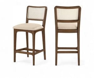 Meridian Furniture Atrium Art Deco Cane Back Counter Stool with Vegan Leather Seat and Wood Frame Beige Set of 2 88073Beige-C