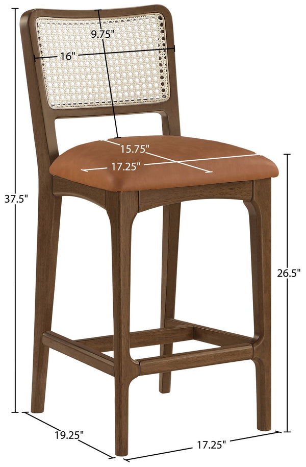Meridian Furniture Atrium Art Deco Cane Back Counter Stool with Vegan Leather Seat and Wood Frame Cognac Set of 2 88073Cognac-C