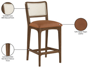 Meridian Furniture Atrium Art Deco Cane Back Counter Stool with Vegan Leather Seat and Wood Frame Cognac Set of 2 88073Cognac-C