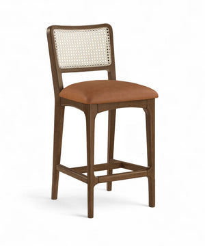 Meridian Furniture Atrium Art Deco Cane Back Counter Stool with Vegan Leather Seat and Wood Frame Cognac Set of 2 88073Cognac-C