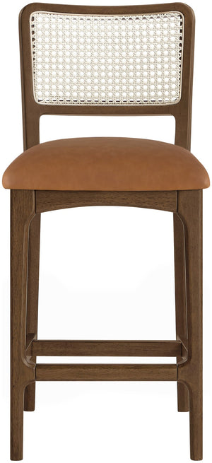 Meridian Furniture Atrium Art Deco Cane Back Counter Stool with Vegan Leather Seat and Wood Frame Cognac Set of 2 88073Cognac-C