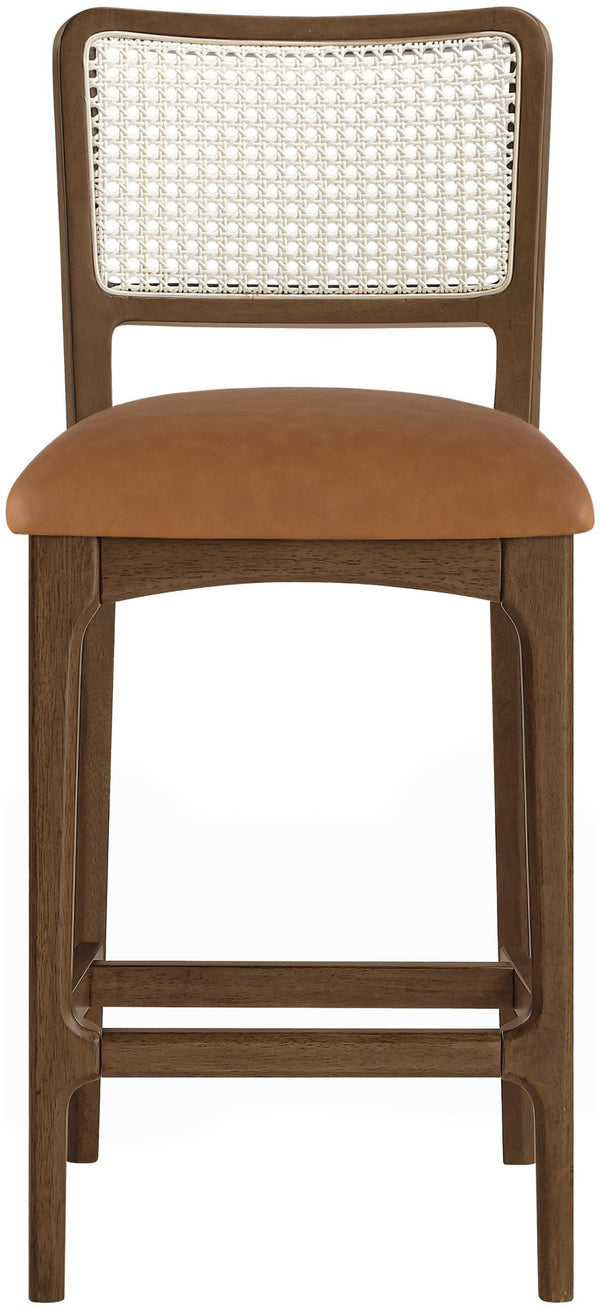 Meridian Furniture Atrium Art Deco Cane Back Counter Stool with Vegan Leather Seat and Wood Frame Cognac Set of 2 88073Cognac-C