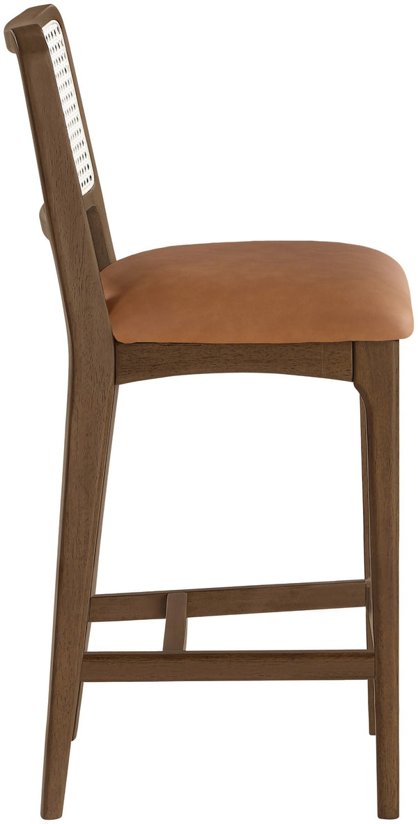 Meridian Furniture Atrium Art Deco Cane Back Counter Stool with Vegan Leather Seat and Wood Frame Cognac Set of 2 88073Cognac-C