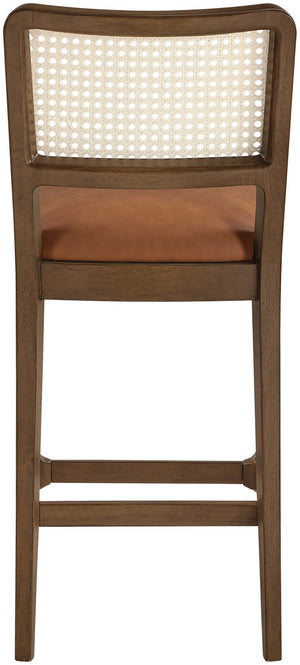Meridian Furniture Atrium Art Deco Cane Back Counter Stool with Vegan Leather Seat and Wood Frame Cognac Set of 2 88073Cognac-C
