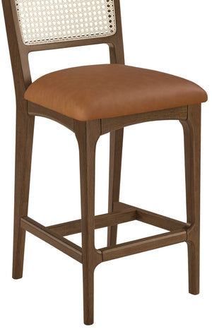 Meridian Furniture Atrium Art Deco Cane Back Counter Stool with Vegan Leather Seat and Wood Frame Cognac Set of 2 88073Cognac-C