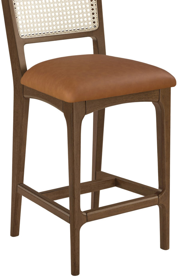 Meridian Furniture Atrium Art Deco Cane Back Counter Stool with Vegan Leather Seat and Wood Frame Cognac Set of 2 88073Cognac-C