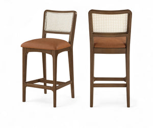 Meridian Furniture Atrium Art Deco Cane Back Counter Stool with Vegan Leather Seat and Wood Frame Cognac Set of 2 88073Cognac-C