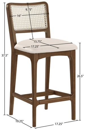 Meridian Furniture Atrium Art Deco Cane Back Counter Stool with Vegan Leather Seat and Wood Frame Cream Set of 2 88073Cream-C